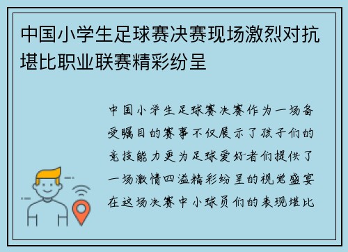 中国小学生足球赛决赛现场激烈对抗堪比职业联赛精彩纷呈